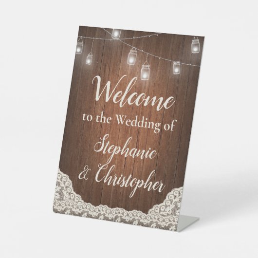 String Lights Rustiek Hout Script Welkom Reclamebord Met Voetstuk (Voorkant)