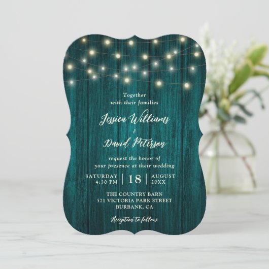 String Lights Rustiek Land Blauwgroen Hout Wedding Kaart (Staand voorkant)