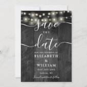 String Lights Rustiek Zwart Hout Fotobruiloft Save The Date (Voorkant)