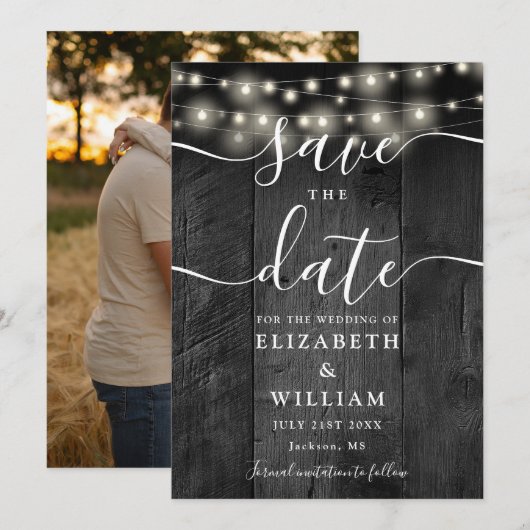 String Lights Rustiek Zwart Hout Fotobruiloft Save The Date (Voorkant / Achterkant)