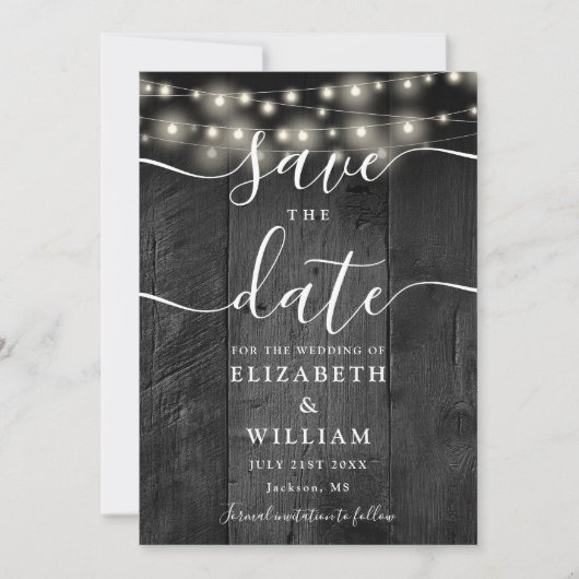 String Lights Rustiek Zwart Hout Schuur Boho Huwel Save The Date (Voorkant)