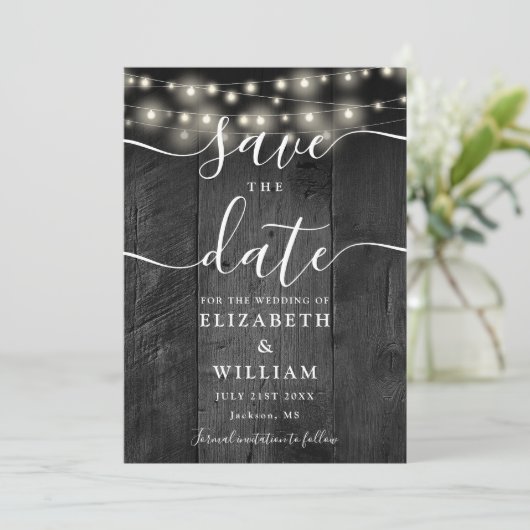 String Lights Rustiek Zwart Hout Schuur Boho Huwel Save The Date (Staand voorkant)