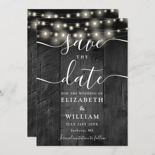 String Lights Rustiek Zwart Hout Schuur Boho Huwel Save The Date (Voorkant / Achterkant)