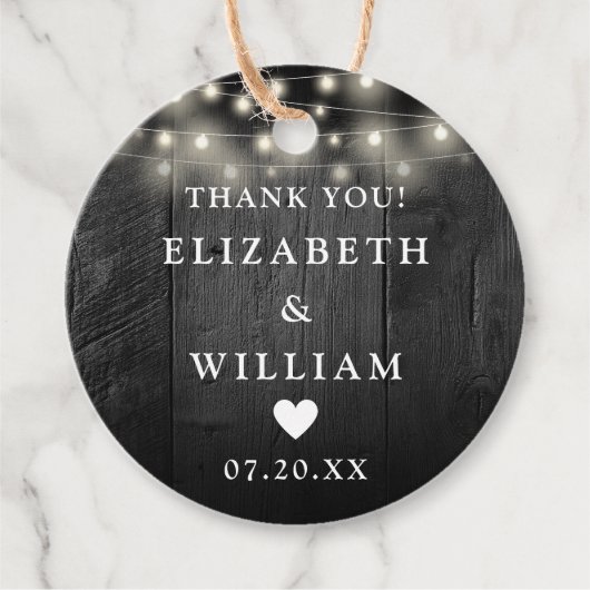 String Lights Rustiek Zwart Hout Schuur Huwelijk Bedankjes Labels (Voorkant)