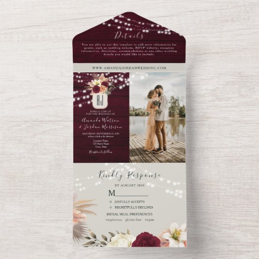 String Lights Rustieke Bourgondische bruiloft All In One Uitnodiging (Binnen)