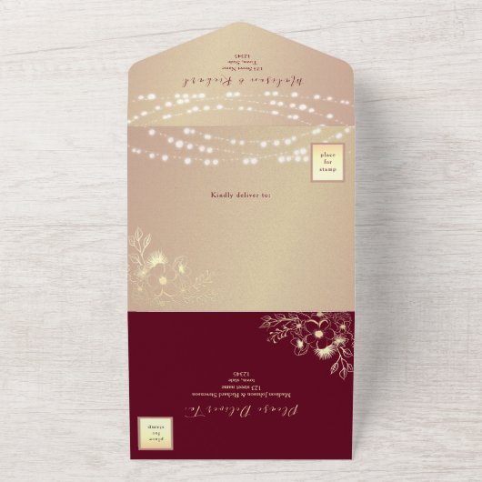 String Lights Rustieke Bourgondische bruiloft All In One Uitnodiging (Buitenkant)