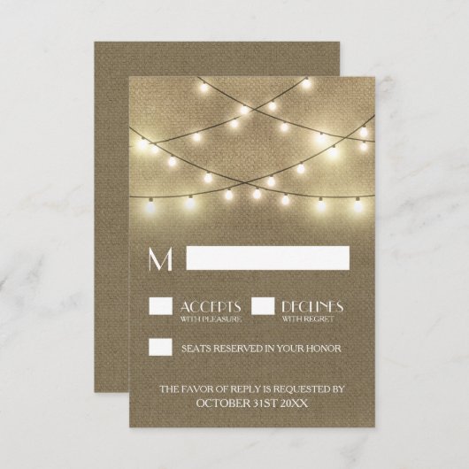 String Lights + Rustieke Burlap Wedding RSVP Kaart (Voorkant / Achterkant)