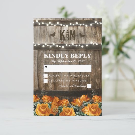String Lights | Rustieke Country Barrel Wedding RS RSVP Kaartje (Staand voorkant)