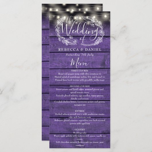String Lights Rustieke Paarse Hout Bloemen Bruilof Menu (Voorkant / Achterkant)