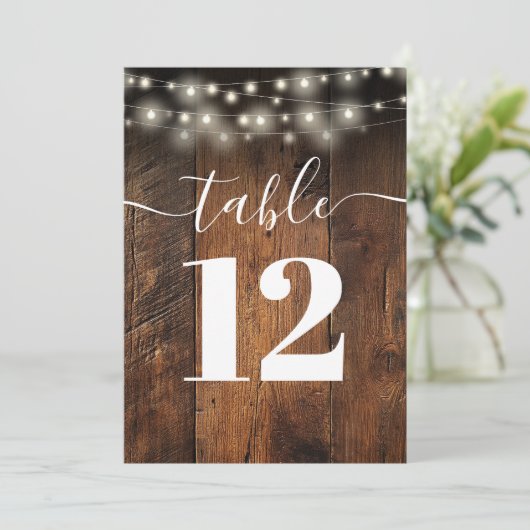 String Lights Rustieke Schuur Hout Boho Tafelnumme Kaart (Staand voorkant)