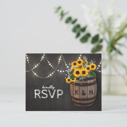 String Lights rustieke wijngaard zonnebloem RSVP Uitnodiging Briefkaart (Staand voorkant)