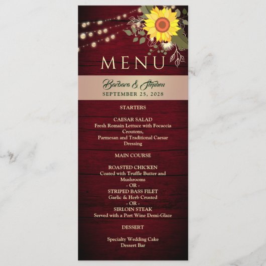 String Lights Rustieke Zonnebloem Huwelijk Menu (Voorkant)