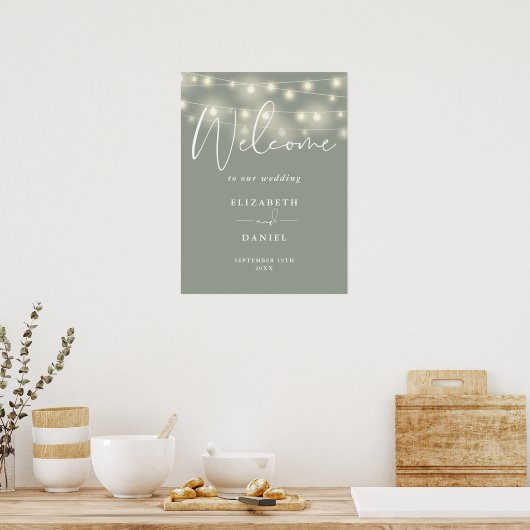 String Lights Sage Green Wedding Welcome Sign Poster (Keuken)