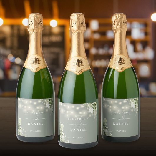 String Lights Sage Groen Bloemen Groen Bruiloft Sparkling Wijnetiket