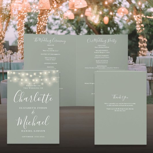 String Lights Sage Groen Elegant Script Bruiloft Programma