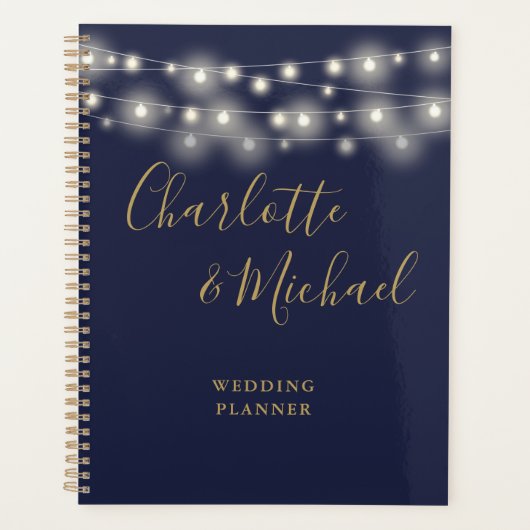 String Lights Script Navy blauw en goud bruiloft Planner (Voorkant)