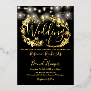 String Lights Script Weduwen Black en Gold Folie Uitnodiging