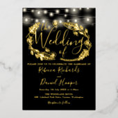 String Lights Script Weduwen Black en Gold Folie Uitnodiging (Voorkant)