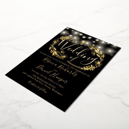 String Lights Script Weduwen Black en Gold Folie Uitnodiging (Gedraaid)