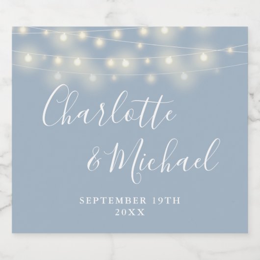 String Lights Signature Script Dusty Blue Wedding Bier Etiket (Enkel label)
