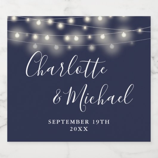 String Lights Signature Script Navy Blue Bruiloft Bier Etiket (Enkel label)