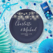 String Lights Signature Script Navy Blue Bruiloft Papieren Bordje (Feest)