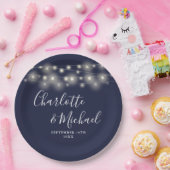 String Lights Signature Script Navy Blue Bruiloft Papieren Bordje (Feest)