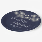 String Lights Signature Script Navy Blue Bruiloft Papieren Bordje (Gekanteld)