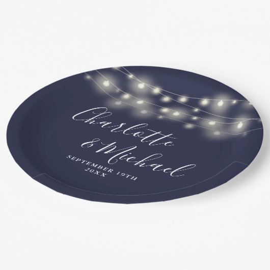 String Lights Signature Script Navy Blue Bruiloft Papieren Bordje (Gekanteld)