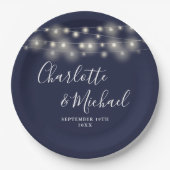 String Lights Signature Script Navy Blue Bruiloft Papieren Bordje (Voorkant)