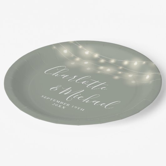String Lights Signature Script Sage Green Wedding Papieren Bordje (Gekanteld)