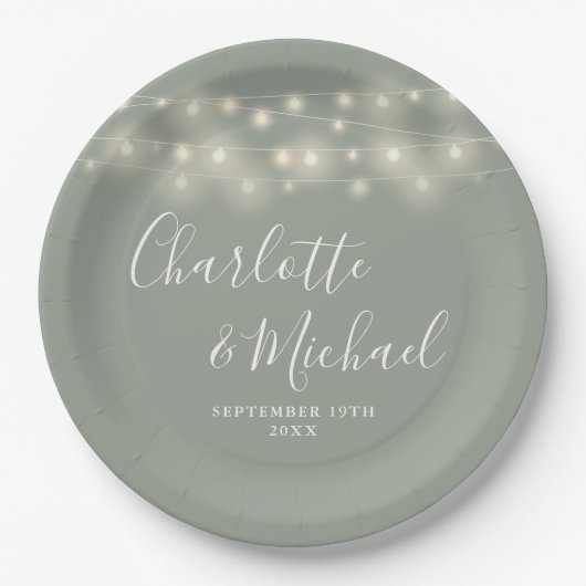 String Lights Signature Script Sage Green Wedding Papieren Bordje (Voorkant)