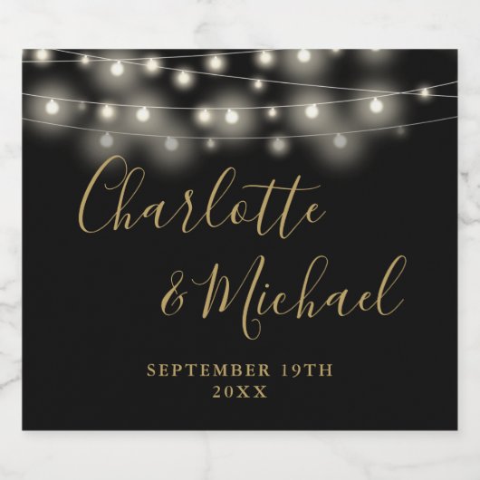 String Lights Signature Script Zwart Goud Bruiloft Bier Etiket (Enkel label)