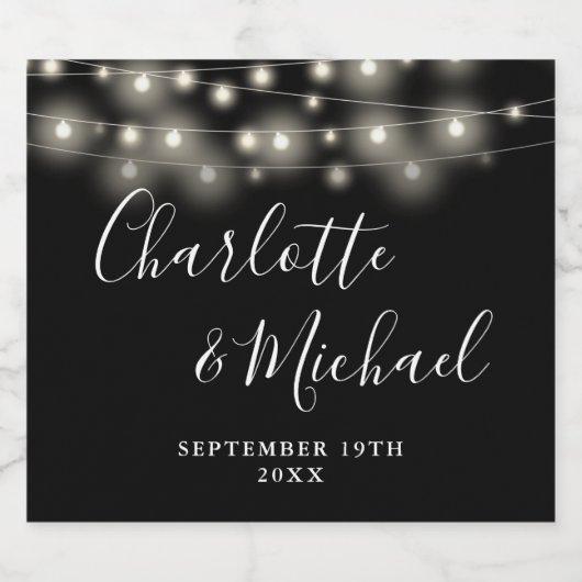 String Lights Signature Script Zwart Wit Bruiloft Bier Etiket (Enkel label)