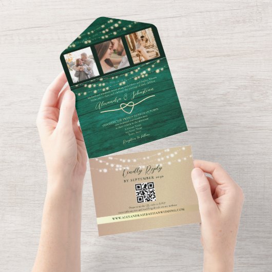 String Lights Smaragd Groene Bruiloft QR Code All In One Uitnodiging (Afscheurbaar)