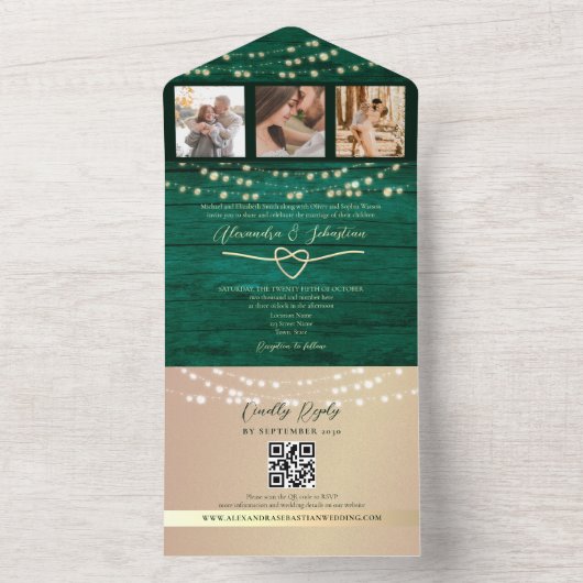 String Lights Smaragd Groene Bruiloft QR Code All In One Uitnodiging (Binnen)