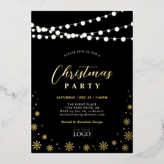 String Lights & Snow | Bedrijf Logo Holiday Party Folie Uitnodiging (Voorkant)