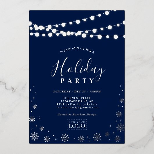 String Lights & Snow | Bedrijf Logo Holiday Party Folie Uitnodiging (Voorkant)