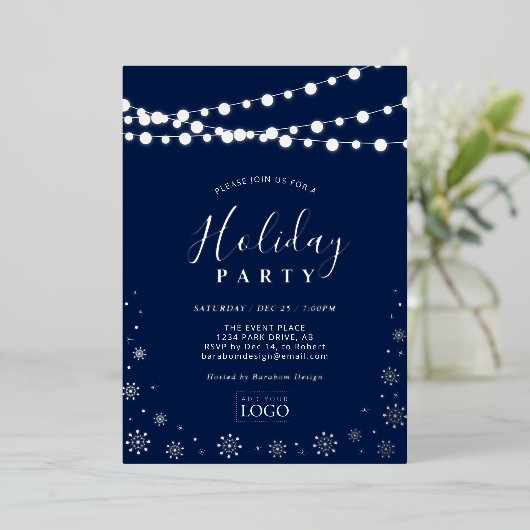 String Lights & Snow | Bedrijf Logo Holiday Party Folie Uitnodiging (Staand Voorkant)