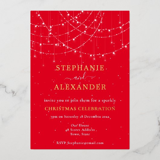 String Lights Snow Red-kerstfeestfeest - Echte lux Folie Uitnodiging (Voorkant)