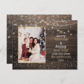 String Lights & Snow | Rustige kerstfoto met hout Briefkaart (Voorkant / Achterkant)