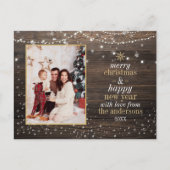 String Lights & Snow | Rustige kerstfoto met hout Briefkaart (Voorkant)
