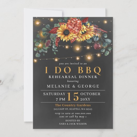String Lights Sunflower I DO BBQ Rehearsal Dinner Kaart (Voorkant)