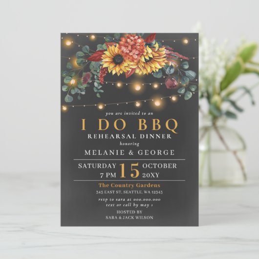 String Lights Sunflower I DO BBQ Rehearsal Dinner Kaart (Staand voorkant)