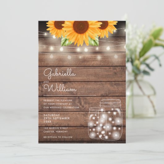 String Lights Sunflower Mason Jars Rustic Wedding Kaart (Staand voorkant)