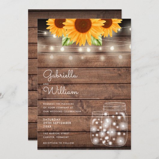 String Lights Sunflower Mason Jars Rustic Wedding Kaart (Voorkant / Achterkant)