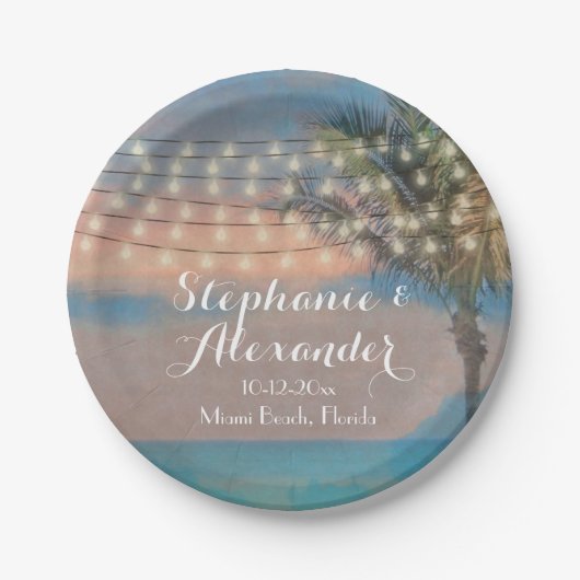 String Lights Sunset Beach Bruiloft Papieren Bordje (Voorkant)