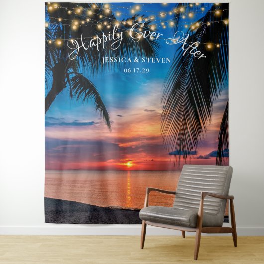 String Lights Sunset Palm Beach Huwelijksachtergro Wandkleed (In situ)