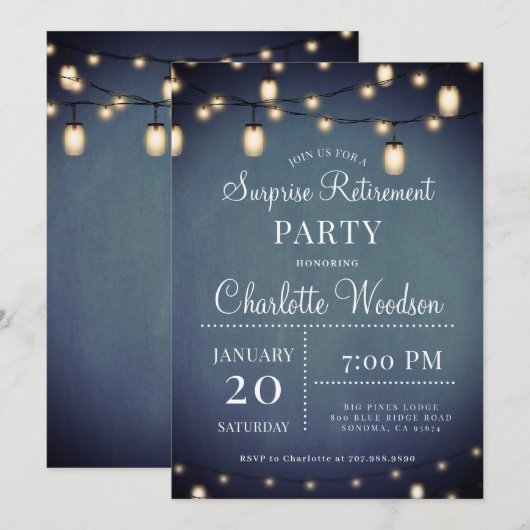 String Lights Surprise Retirement Party Uitnodigin Kaart (Voorkant / Achterkant)