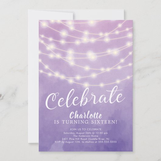 String Lights Sweet 16th Birthday Invitation Kaart (Voorkant)